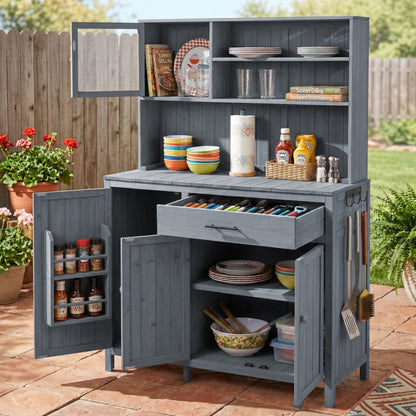 (With Assembly Video) TOPAMX Potting Bench with Hutch, 65" H Solid Fir Wood Garden Workstation, Large Countertop, Patio Kitchen Island with Adjustable Shelves, Spice Rack, Side Hook and Drawer, Gray