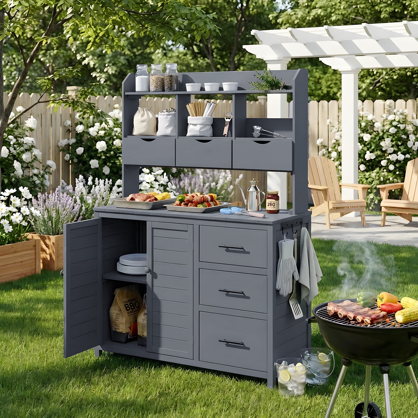 Gray Wood Potting Bench - 44.6" Garden Workstation Outdoor Kitchen Island