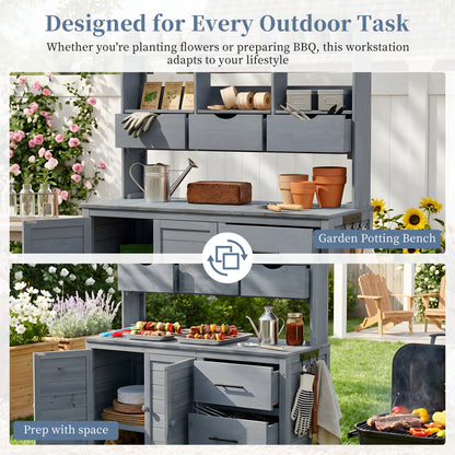 Gray Wood Potting Bench - 44.6" Garden Workstation Outdoor Kitchen Island