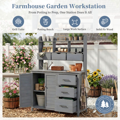 Gray Wood Potting Bench - 44.6" Garden Workstation Outdoor Kitchen Island