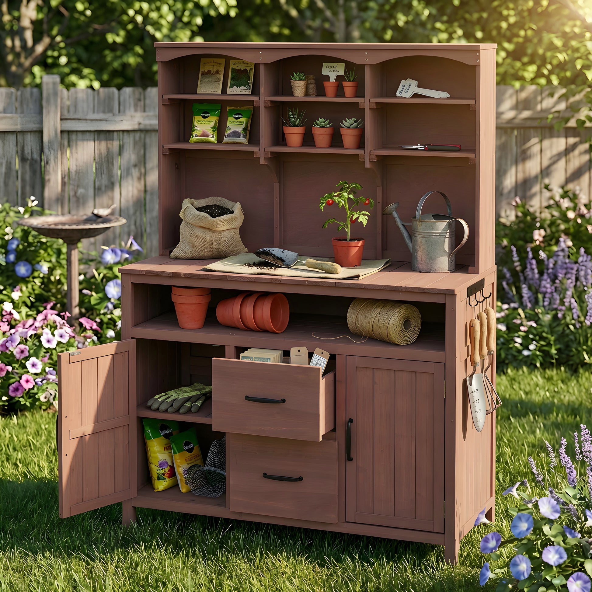 Large Fir Wood Potting Bench - 45.3"L Outdoor Patio Kitchen Island