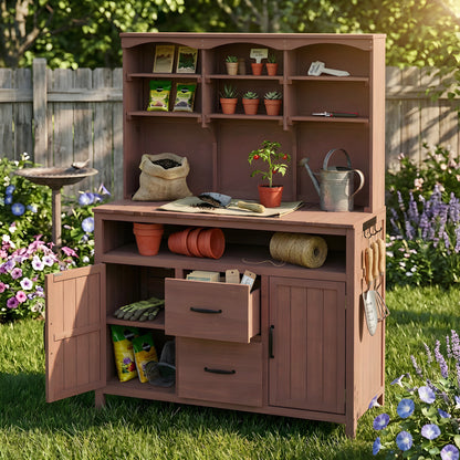 Large Fir Wood Potting Bench - 45.3"L Outdoor Patio Kitchen Island