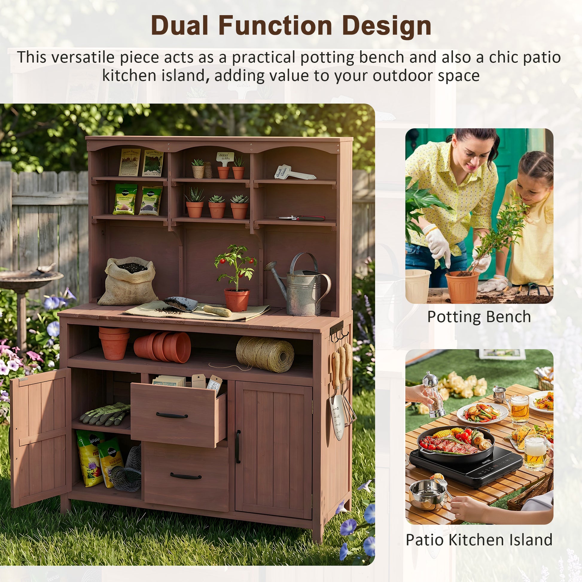 Large Fir Wood Potting Bench - 45.3"L Outdoor Patio Kitchen Island