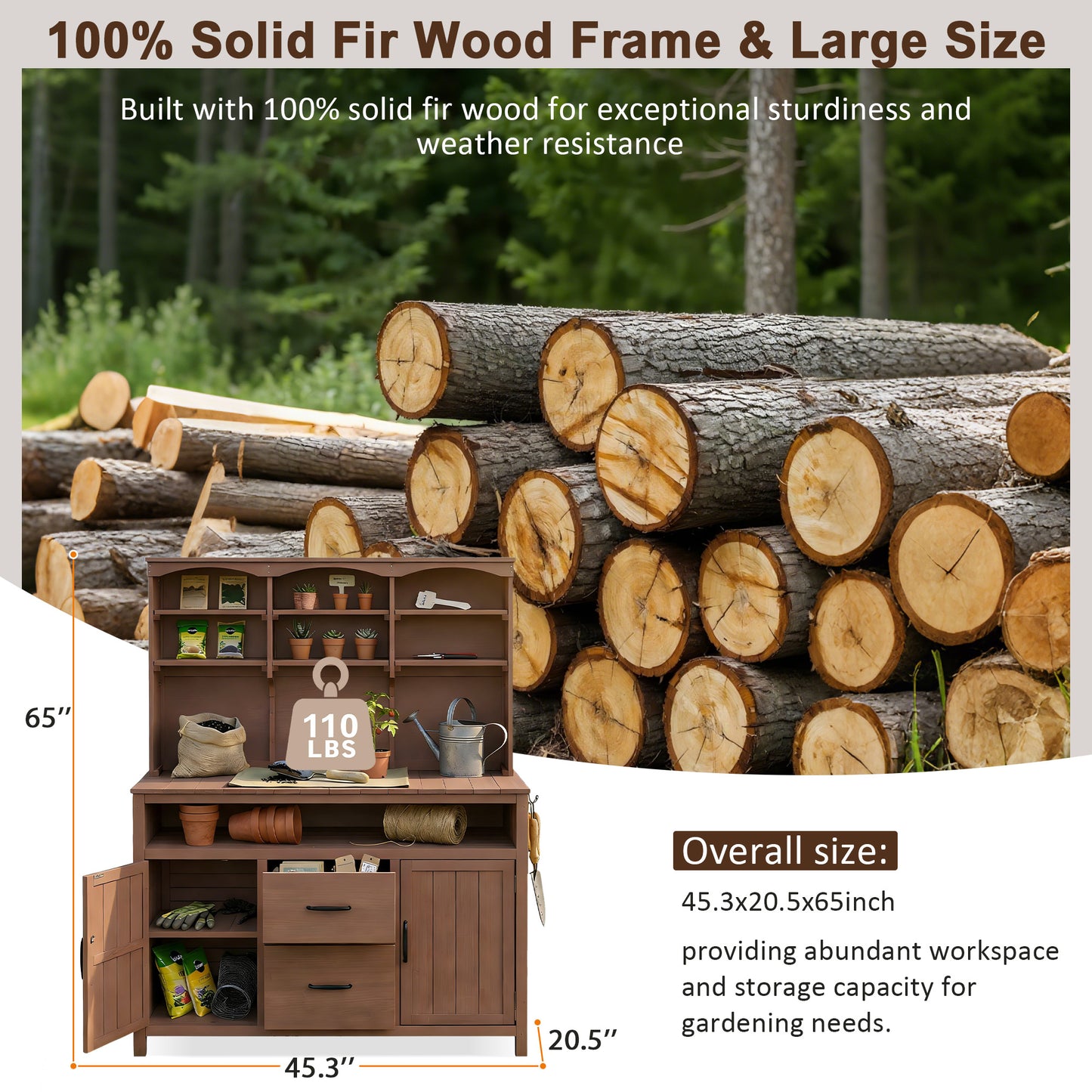 Large Fir Wood Potting Bench - 45.3"L Outdoor Patio Kitchen Island