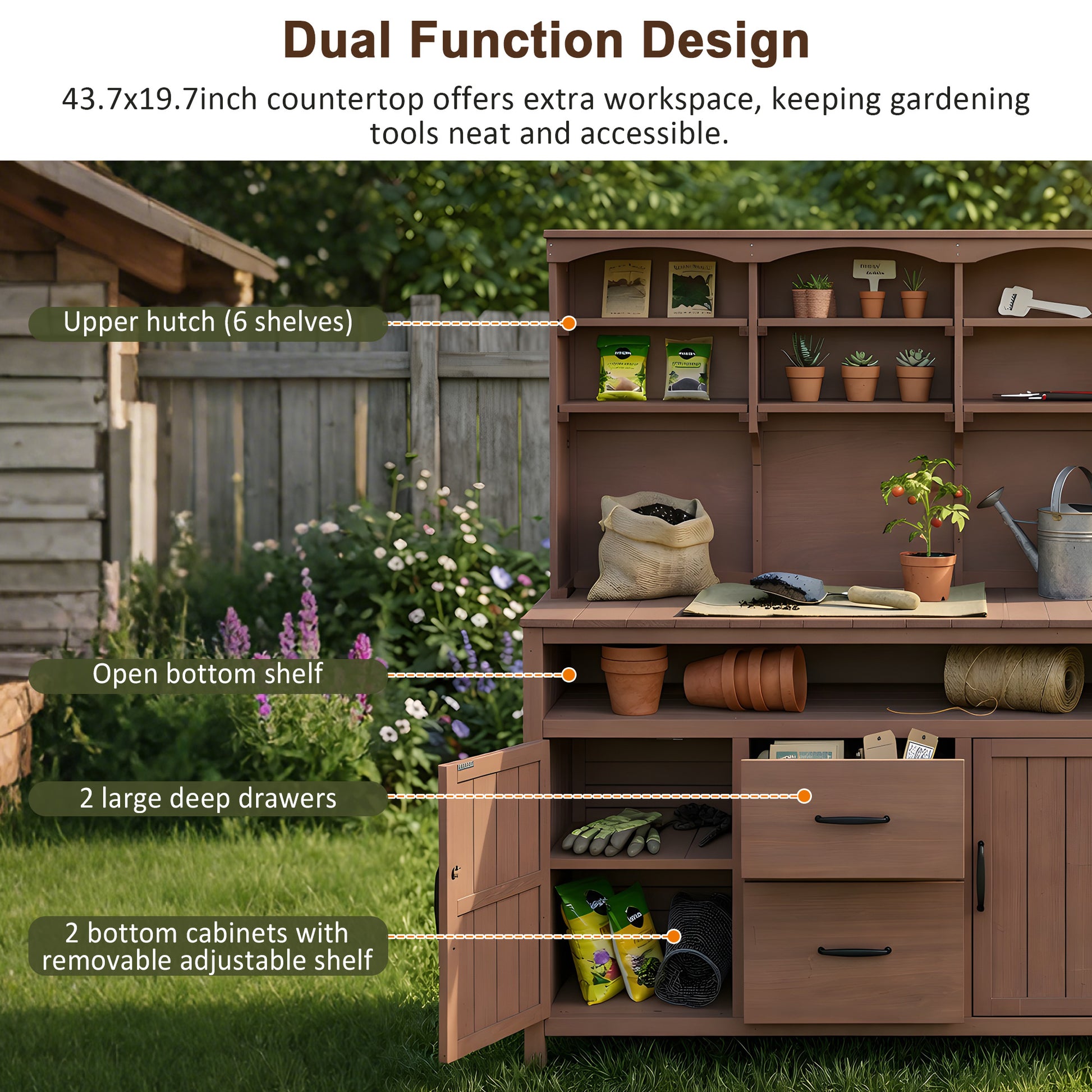 Large Fir Wood Potting Bench - 45.3"L Outdoor Patio Kitchen Island