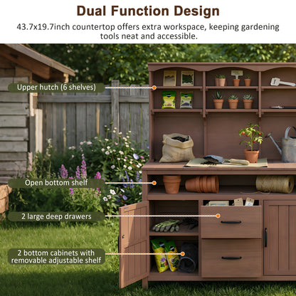 Large Fir Wood Potting Bench - 45.3"L Outdoor Patio Kitchen Island