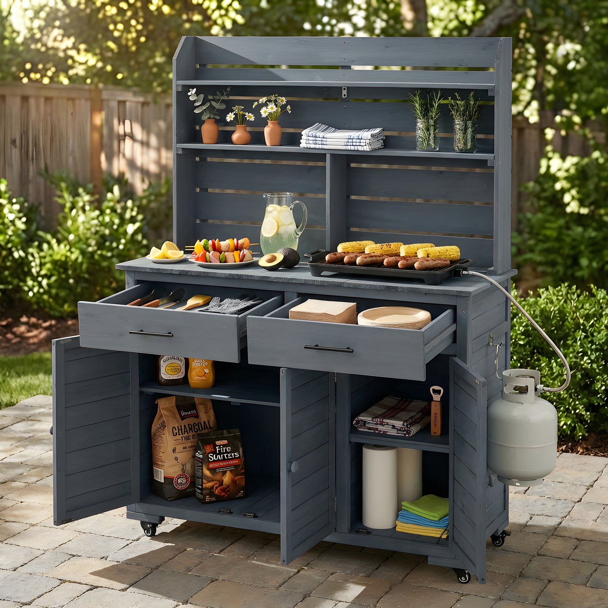 Large Gray Wood Garden Potting Bench with Wheels & Storage