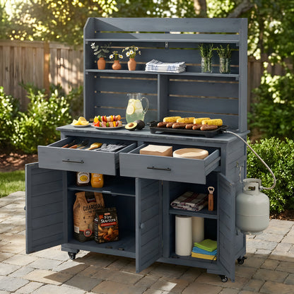 Large Gray Wood Garden Potting Bench with Wheels & Storage