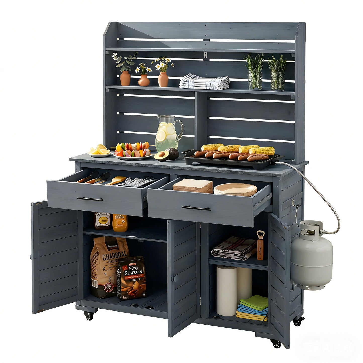Large Gray Wood Garden Potting Bench with Wheels & Storage