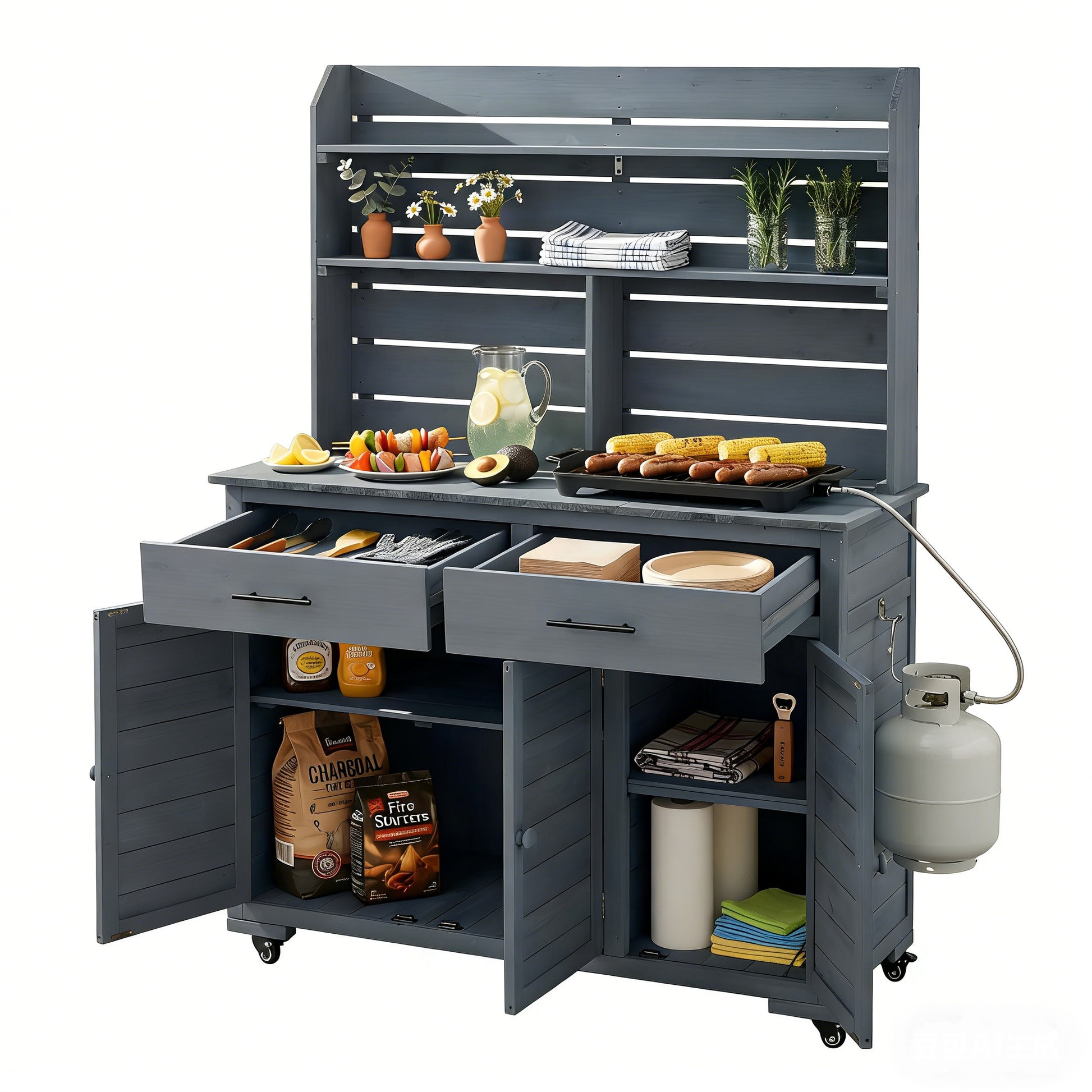 Large Gray Wood Garden Potting Bench with Wheels & Storage