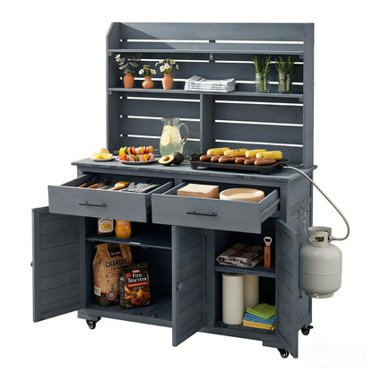 Large Gray Wood Garden Potting Bench with Wheels & Storage