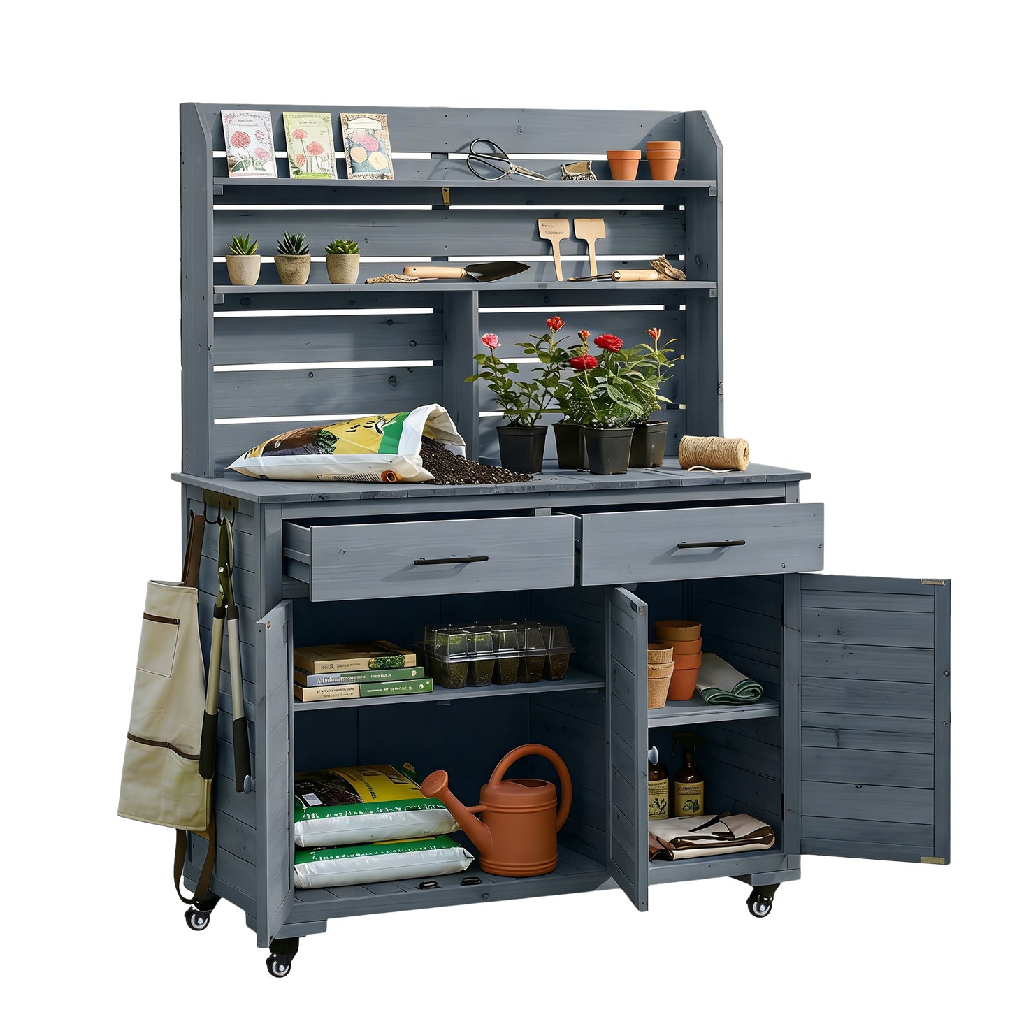 Large Gray Wood Garden Potting Bench with Wheels & Storage