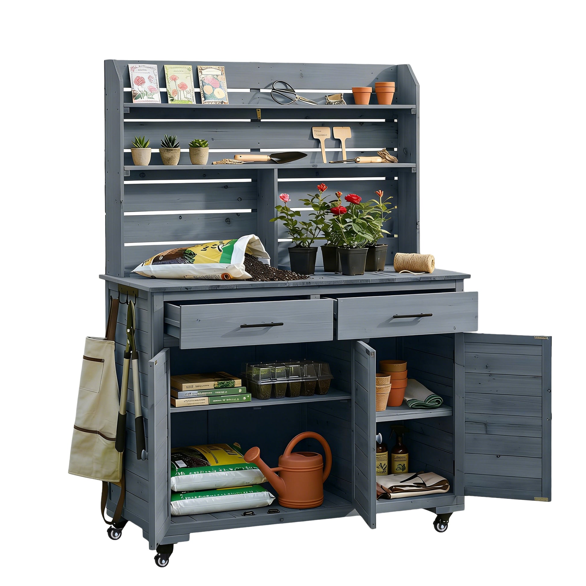 Large Gray Wood Garden Potting Bench with Wheels & Storage