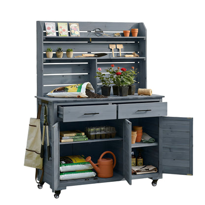 Large Gray Wood Garden Potting Bench with Wheels & Storage
