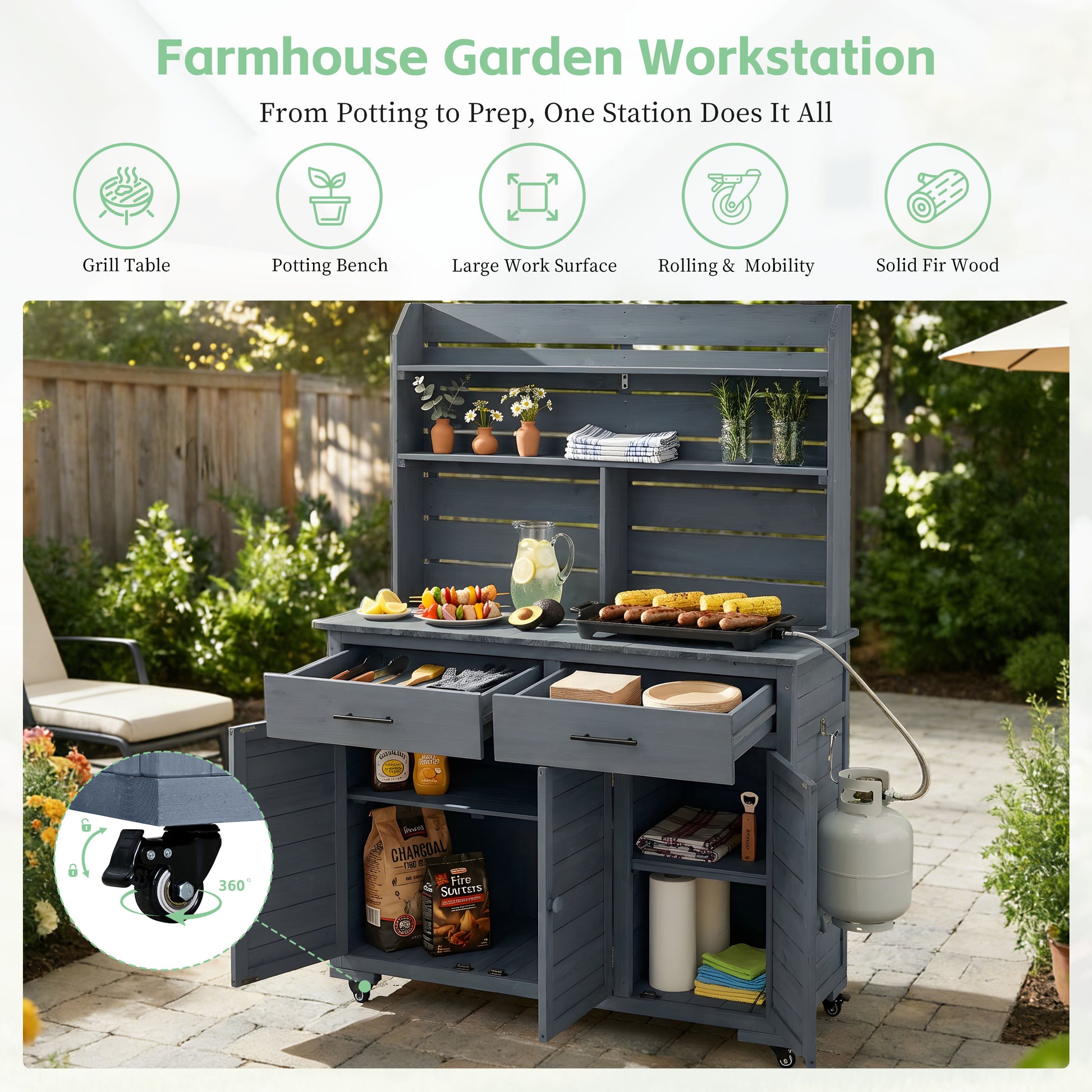 Large Gray Wood Garden Potting Bench with Wheels & Storage