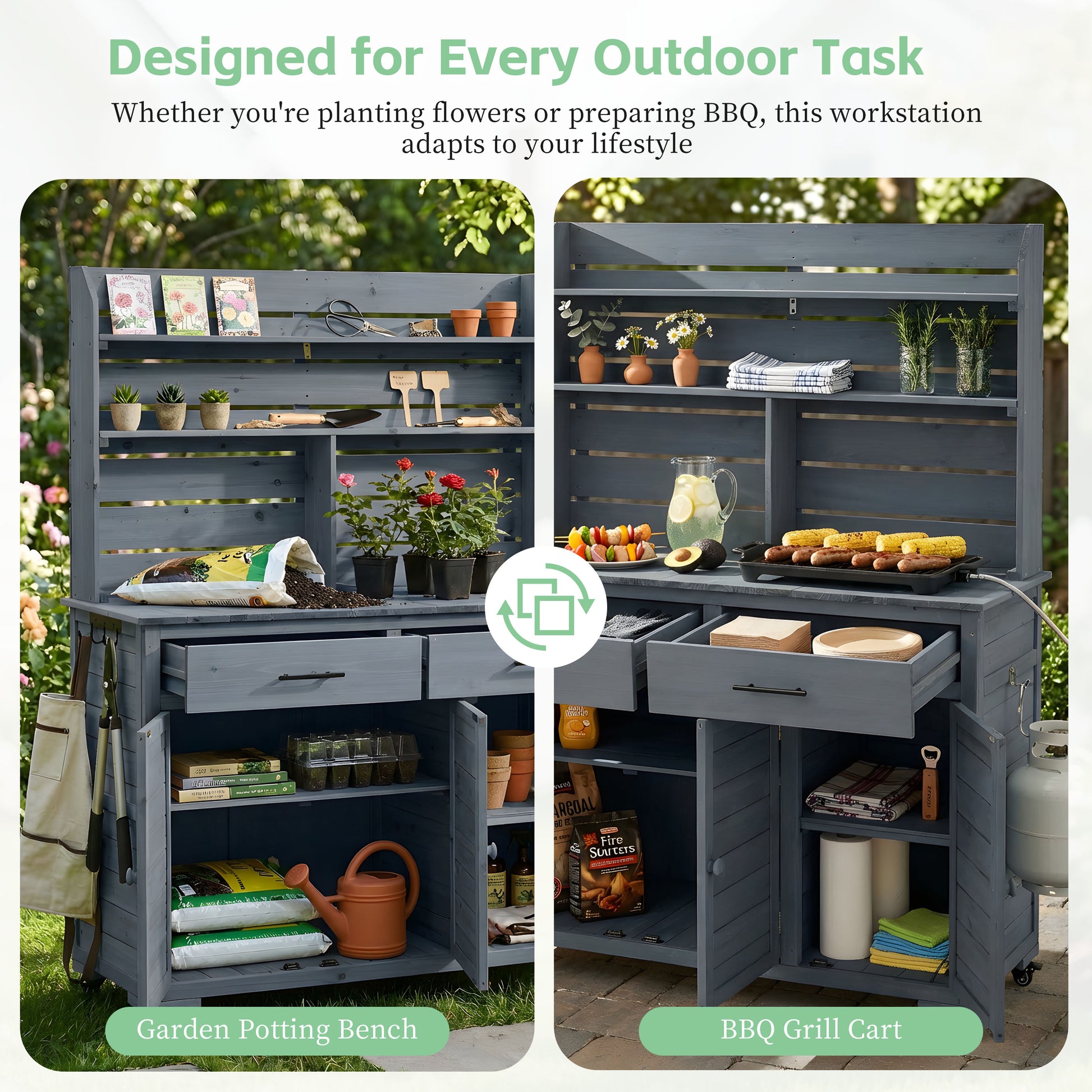 Large Gray Wood Garden Potting Bench with Wheels & Storage