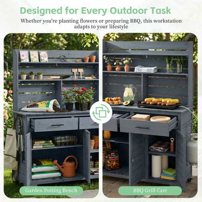 Large Gray Wood Garden Potting Bench with Wheels & Storage