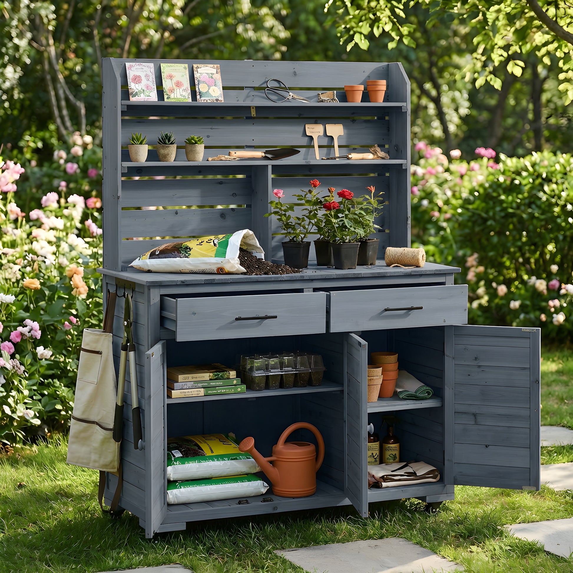 (Assembly Video) TOPMAX 65''H Large Garden Potting Bench with Lockable Wheels and Storage Cabinet, Wood Outdoor Kitchen Island Prep Cart with Hutch Top, Drawers and Removal Shelves for Grilling, Gray