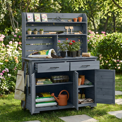 (Assembly Video) TOPMAX 65''H Large Garden Potting Bench with Lockable Wheels and Storage Cabinet, Wood Outdoor Kitchen Island Prep Cart with Hutch Top, Drawers and Removal Shelves for Grilling, Gray