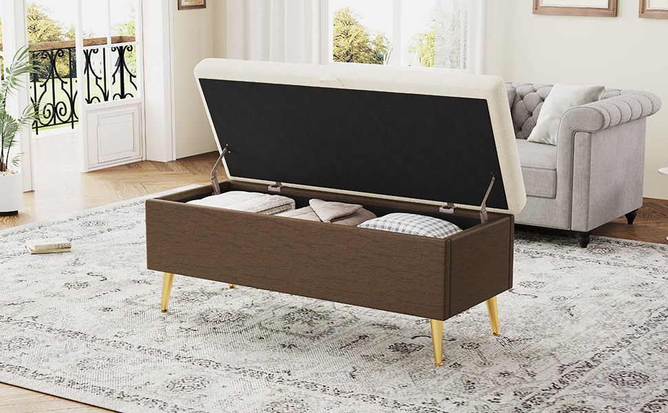Beige Storage Ottoman Bench - Cushioned & Stylish for Living Room