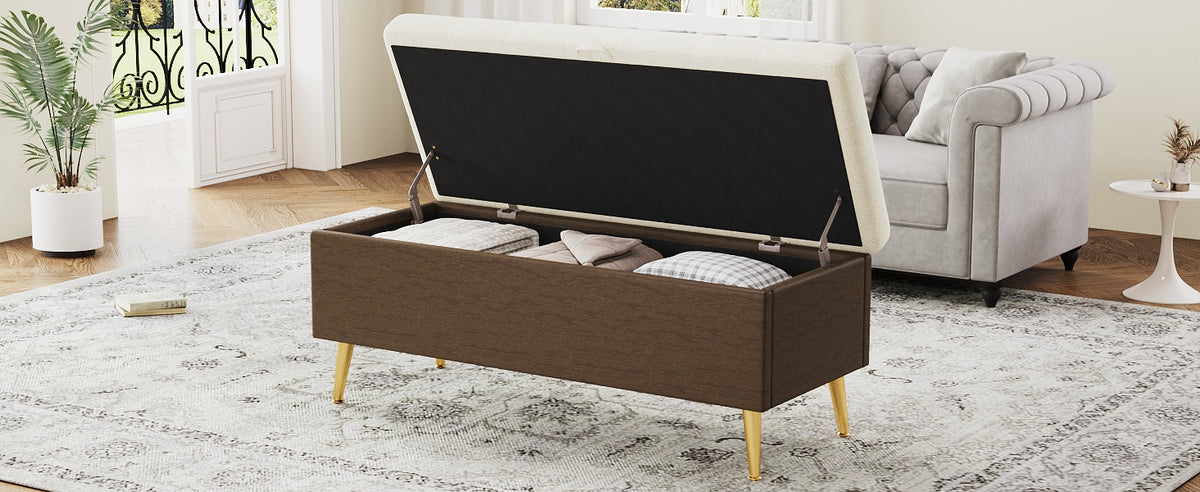 Beige Storage Ottoman Bench - Cushioned & Stylish for Living Room