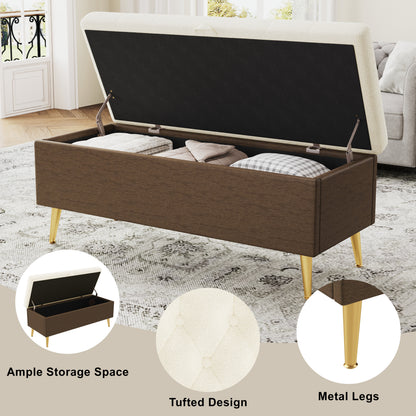 Beige Storage Ottoman Bench - Cushioned & Stylish for Living Room