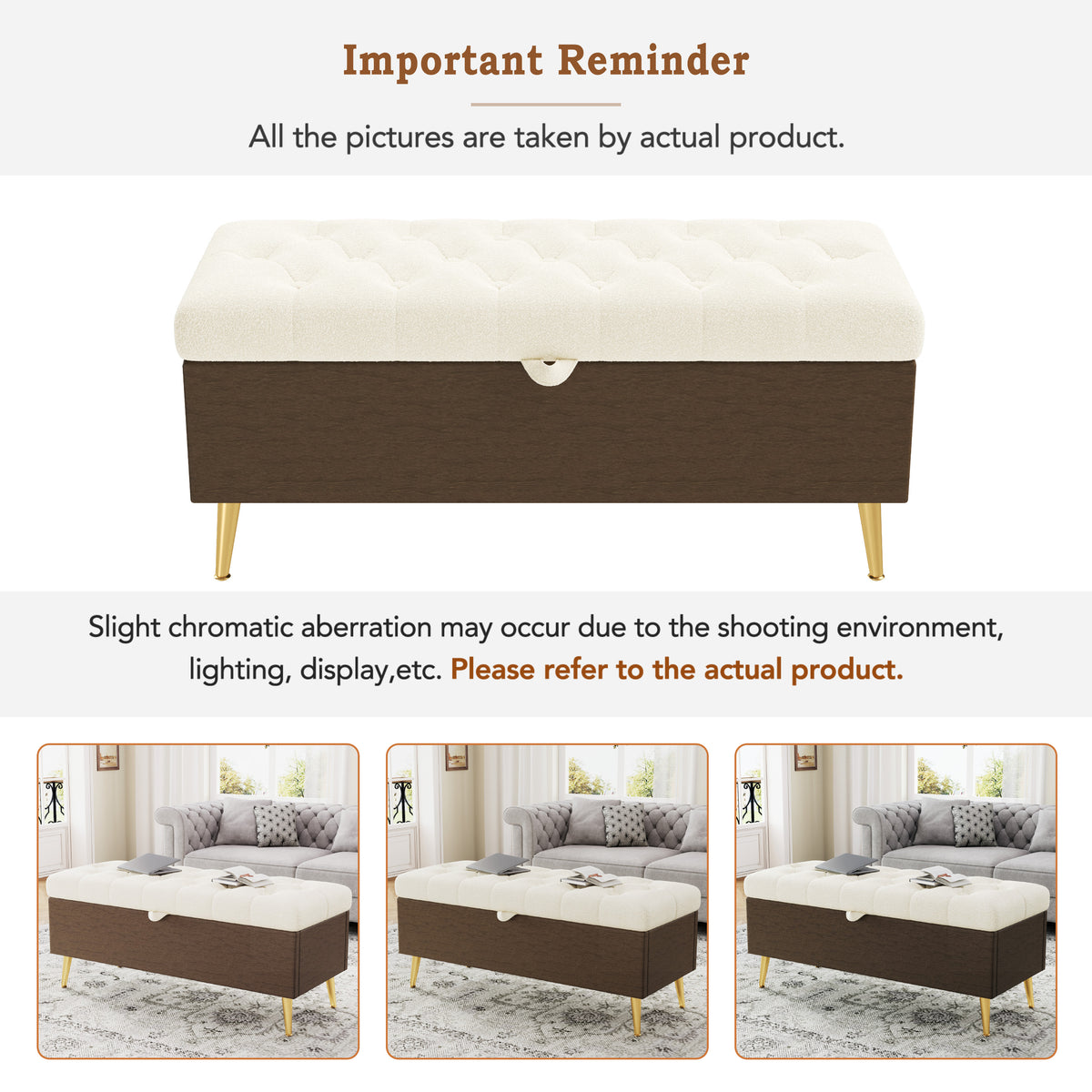 Beige Storage Ottoman Bench - Cushioned & Stylish for Living Room