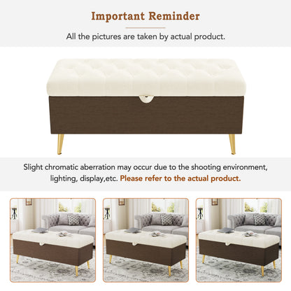 Beige Storage Ottoman Bench - Cushioned & Stylish for Living Room