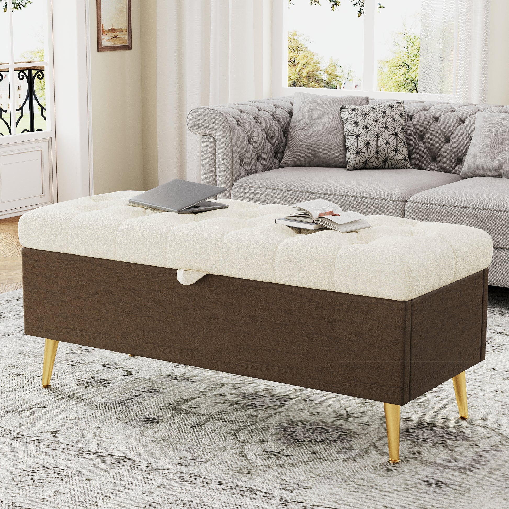 Modern Storage Ottoman Bench Upholstered Bedroom Bench Entryway Storage Ottoman Tufted Ottoman Bench for Living Room, Bedroom and Entryway, Beige