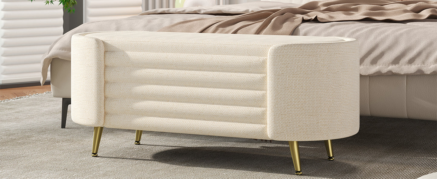 Beige Chenille Storage Bench - 44" Oval Ottoman