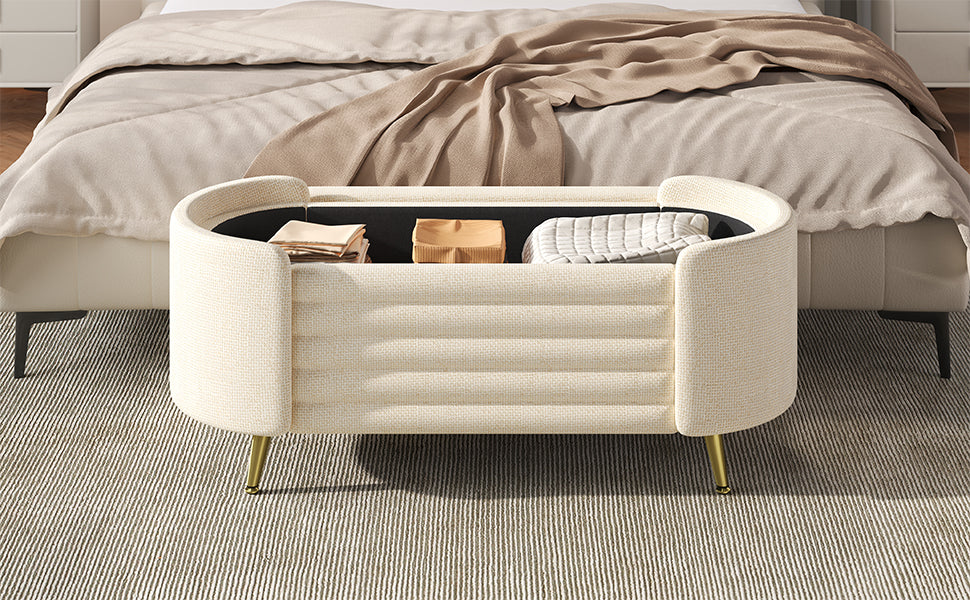 Beige Chenille Storage Bench - 44" Oval Ottoman