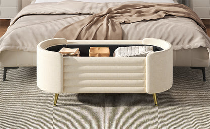 Beige Chenille Storage Bench - 44" Oval Ottoman