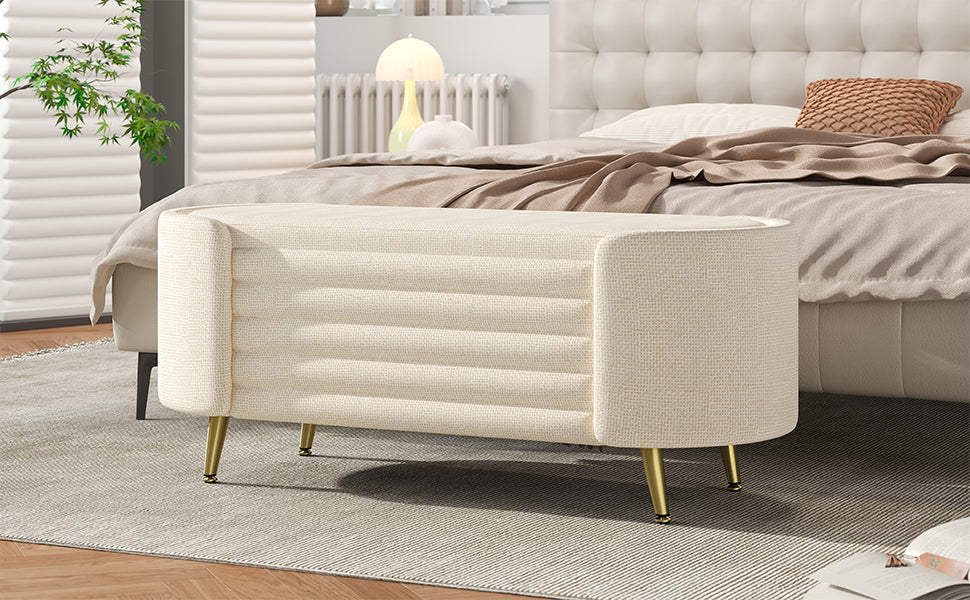 Beige Chenille Storage Bench - 44" Oval Ottoman