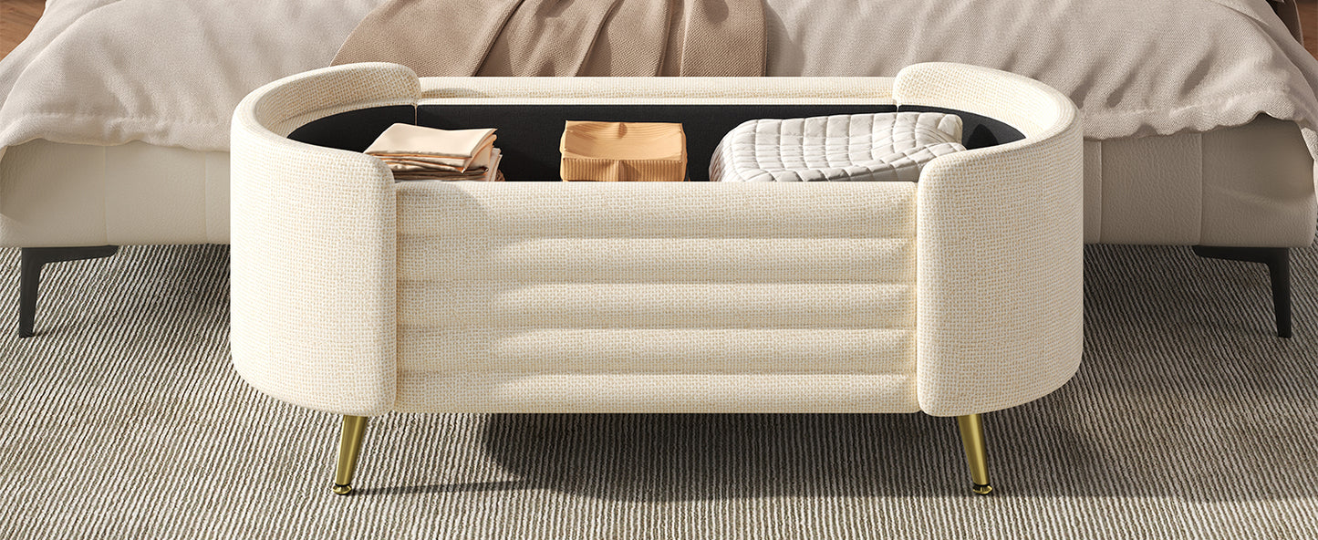 Beige Chenille Storage Bench - 44" Oval Ottoman