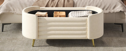 Beige Chenille Storage Bench - 44" Oval Ottoman
