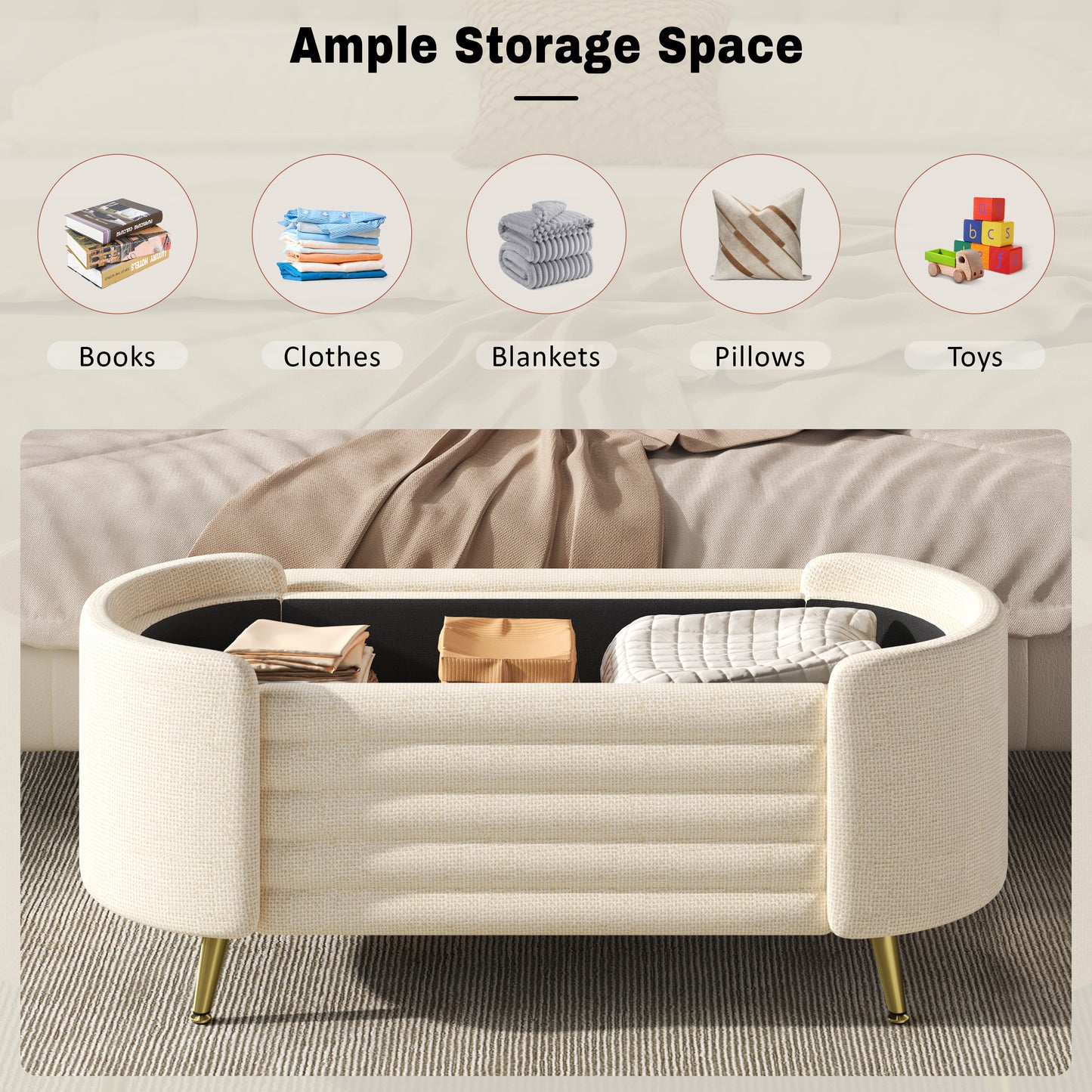 Beige Chenille Storage Bench - 44" Oval Ottoman
