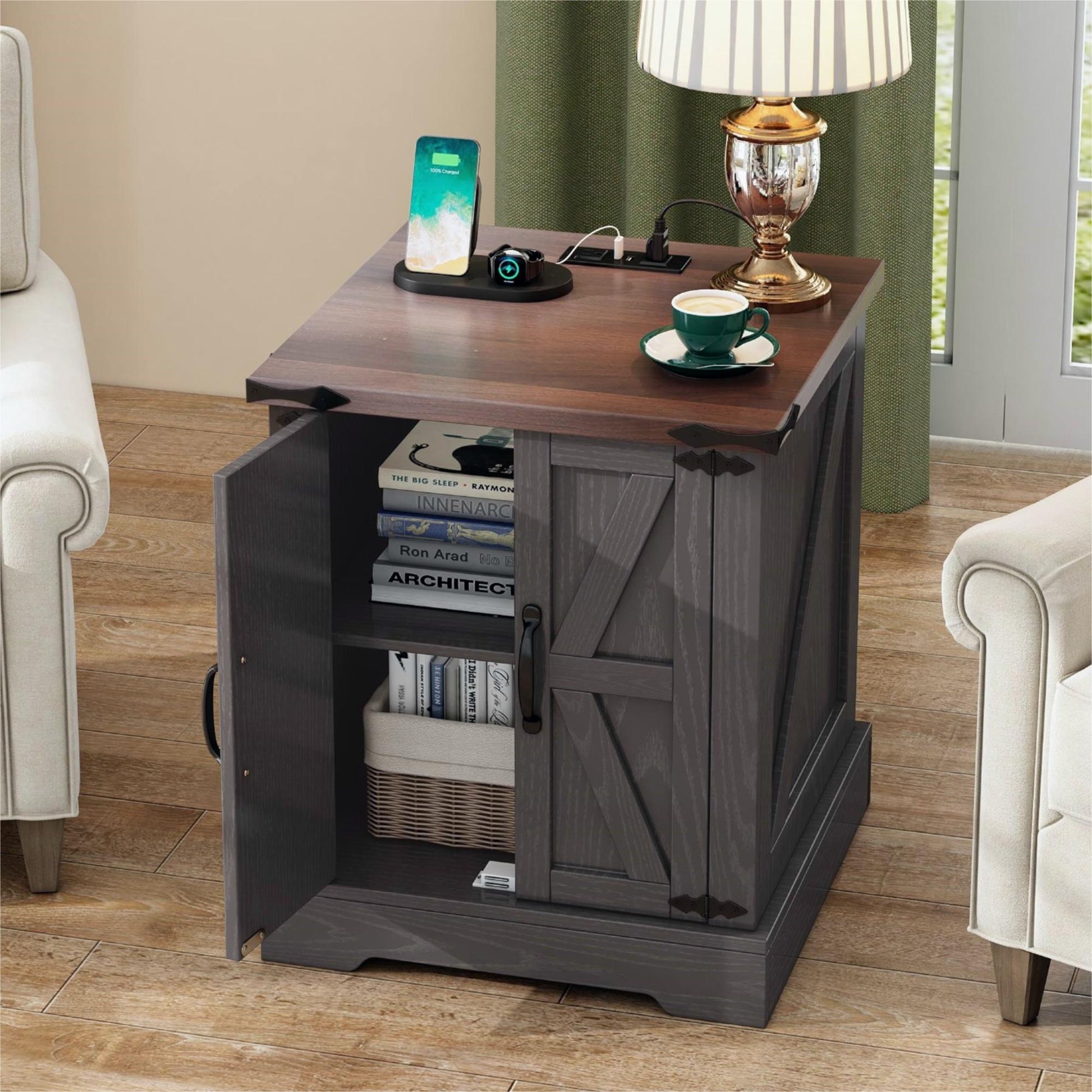 ON-TREND Farmhouse End Table with Charging Station, Rustic Wood Nightstand with Adjustable Shelf, 19.6"W Versatile Walnut Sofa Side Table with Barn Doors & Retro Hinges for Bedroom, Living Room, Grey