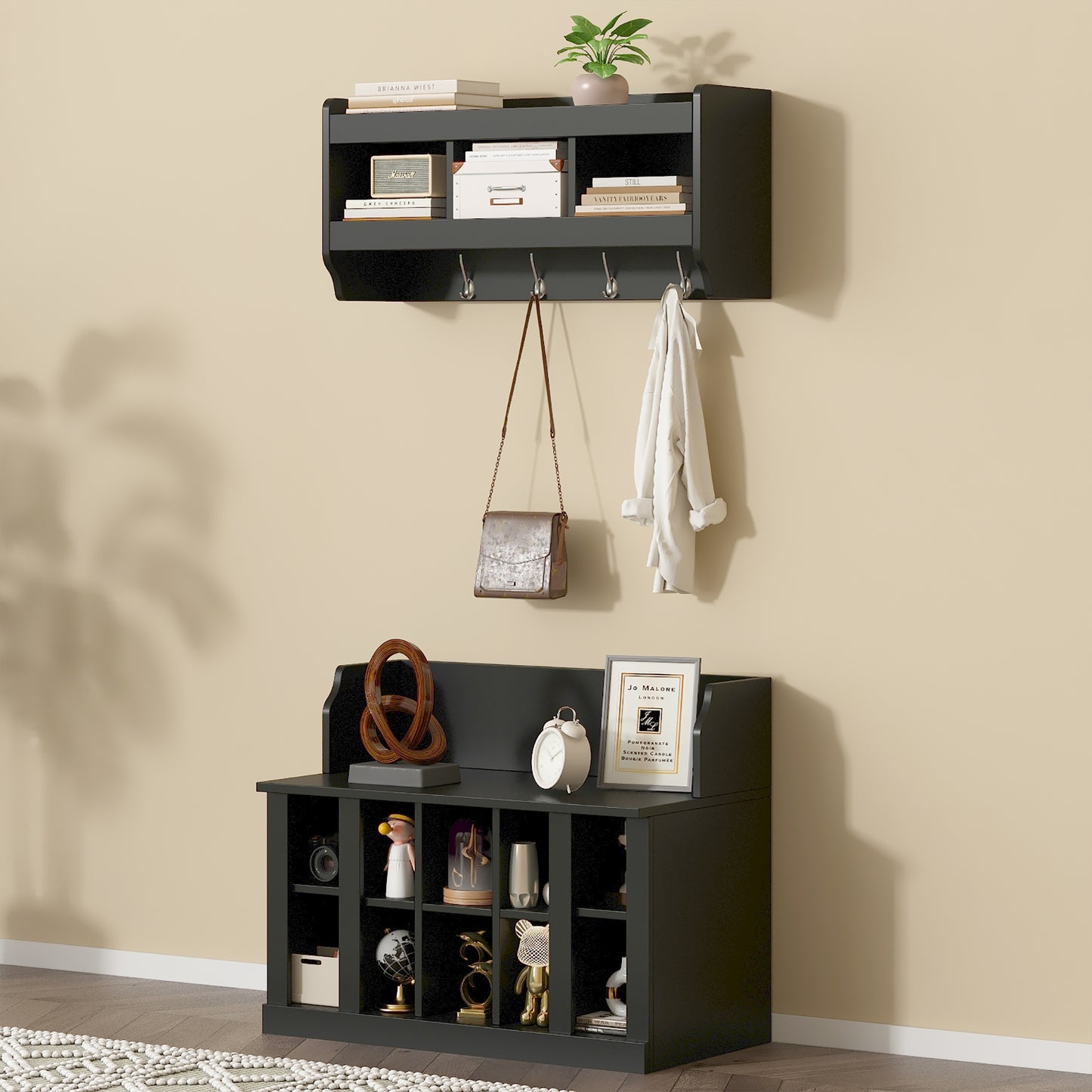 Black Storage Bench with Hooks - Hallway Organizer