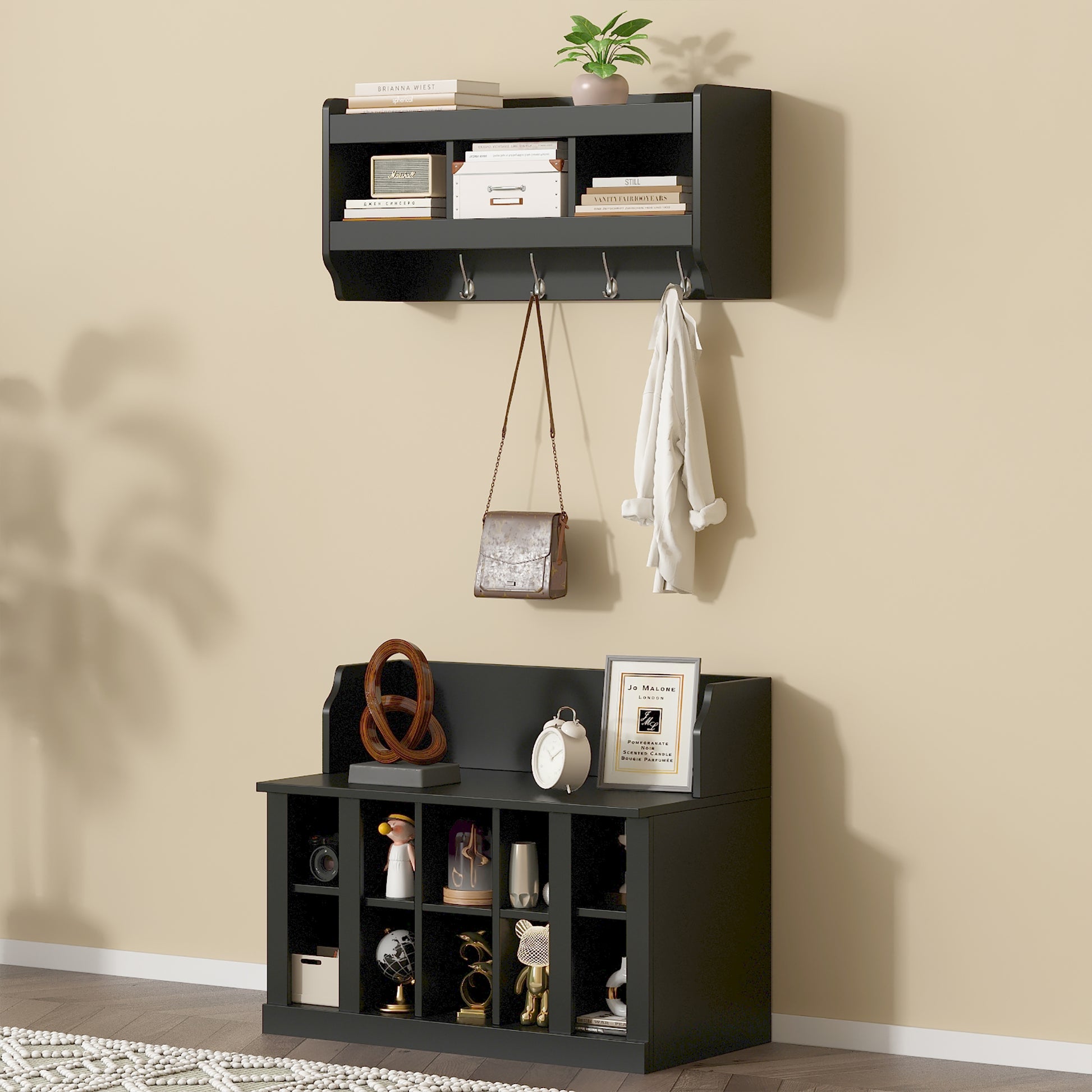 Black Storage Bench with Hooks - Hallway Organizer