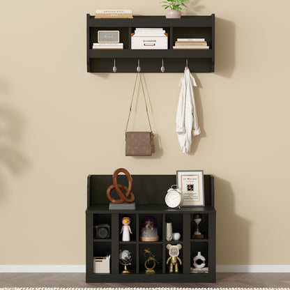 Black Storage Bench with Hooks - Hallway Organizer