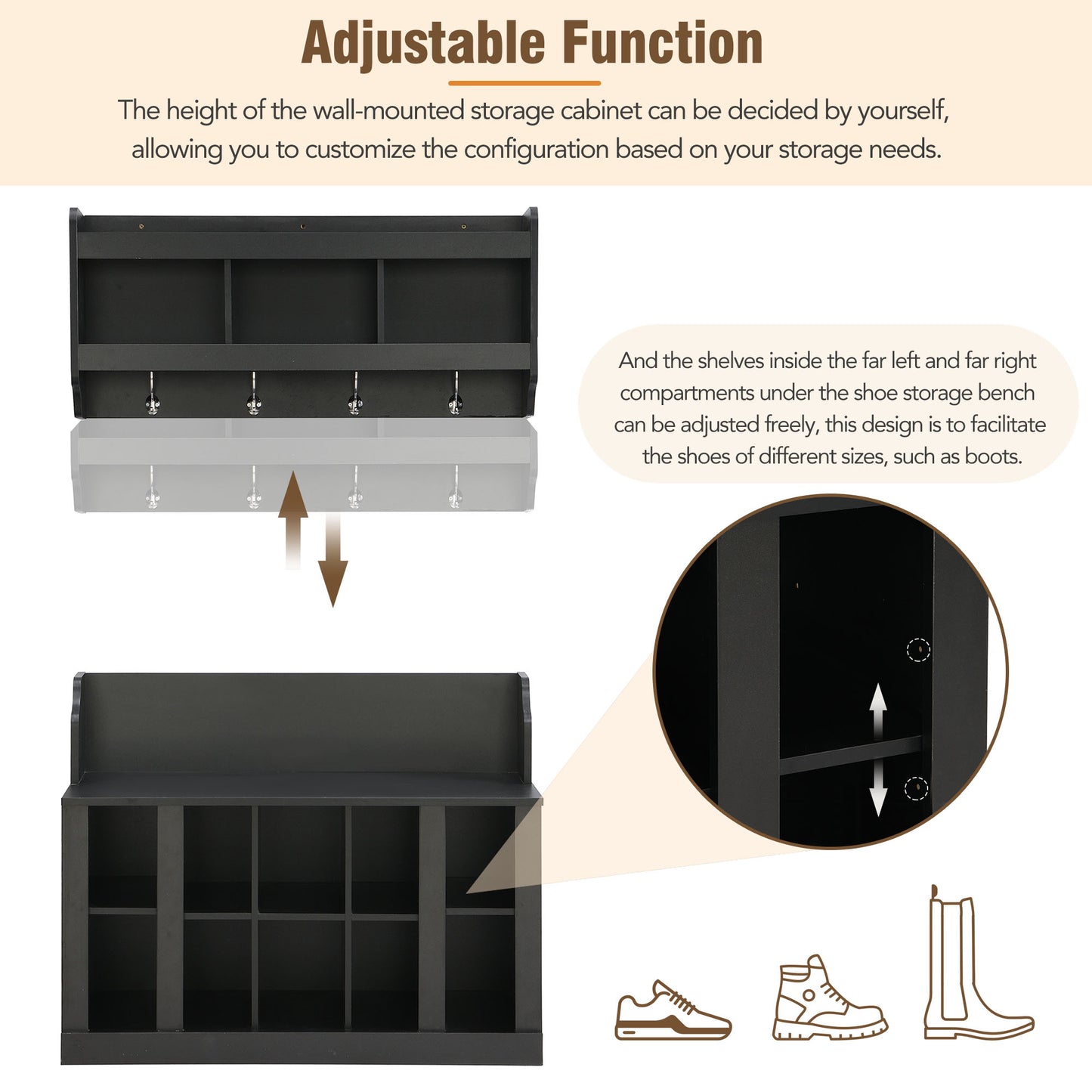 Black Storage Bench with Hooks - Hallway Organizer