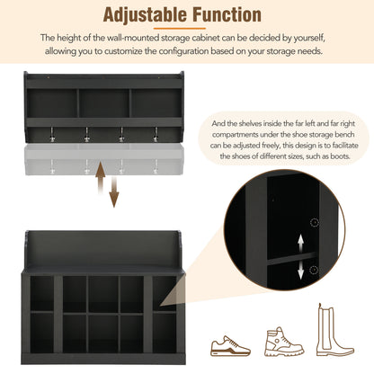 Black Storage Bench with Hooks - Hallway Organizer