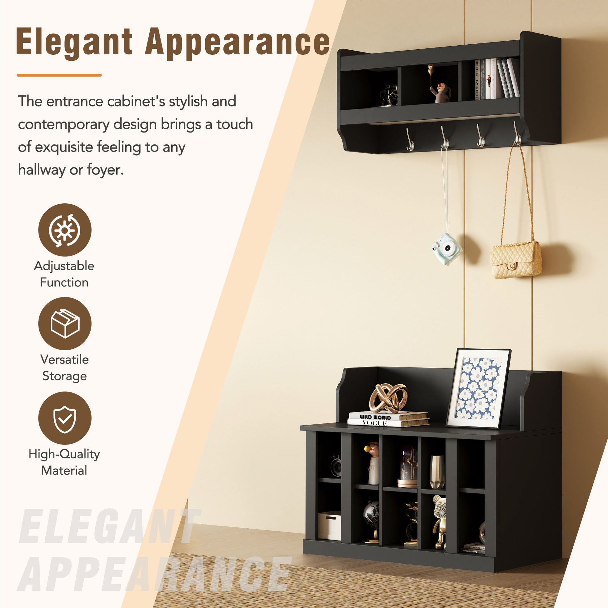 Black Storage Bench with Hooks - Hallway Organizer