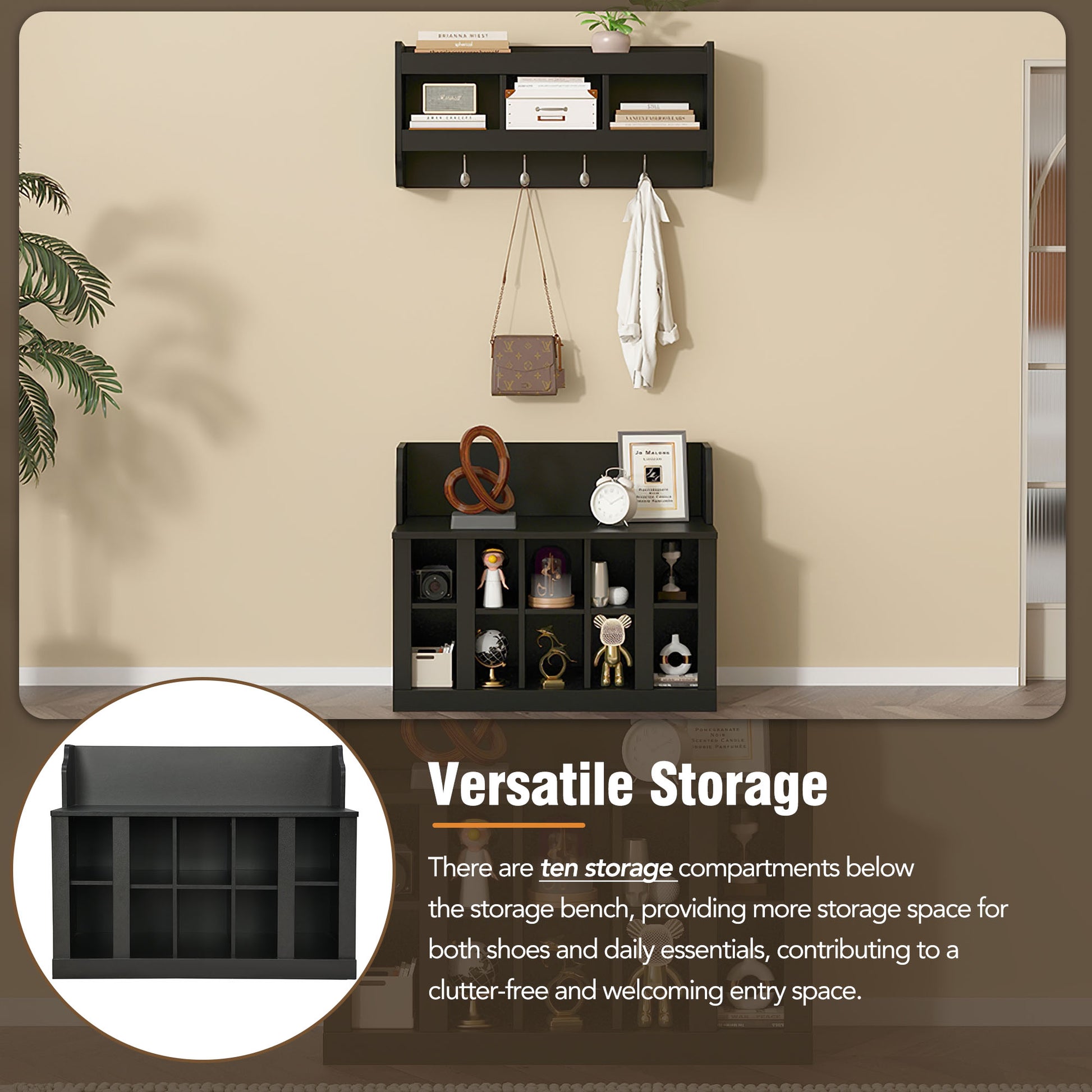 Black Storage Bench with Hooks - Hallway Organizer