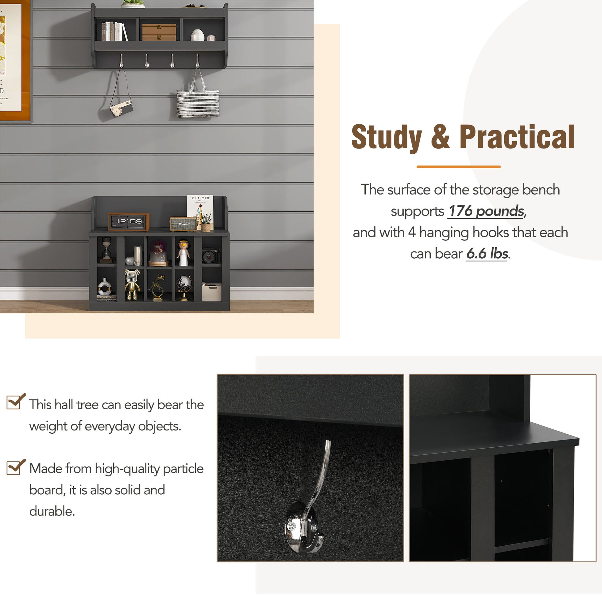 Black Storage Bench with Hooks - Hallway Organizer