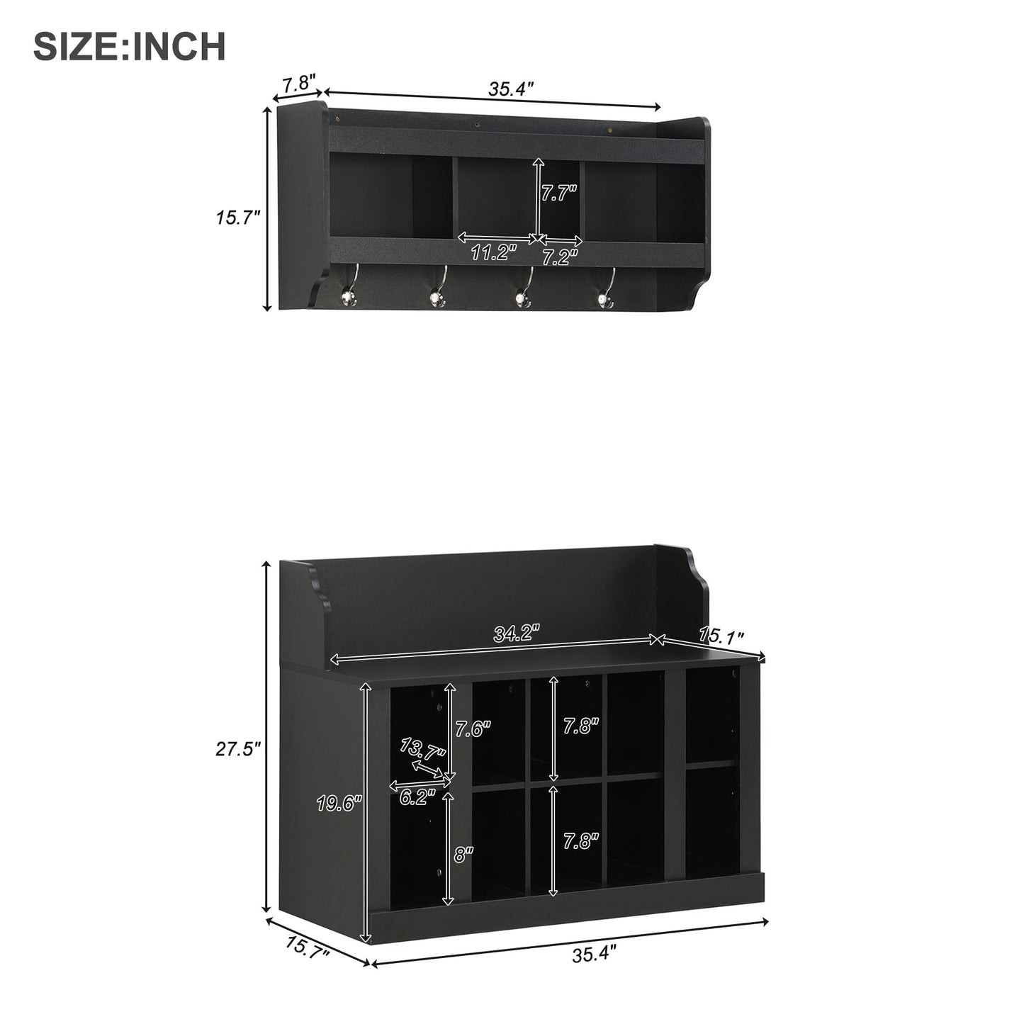Black Storage Bench with Hooks - Hallway Organizer