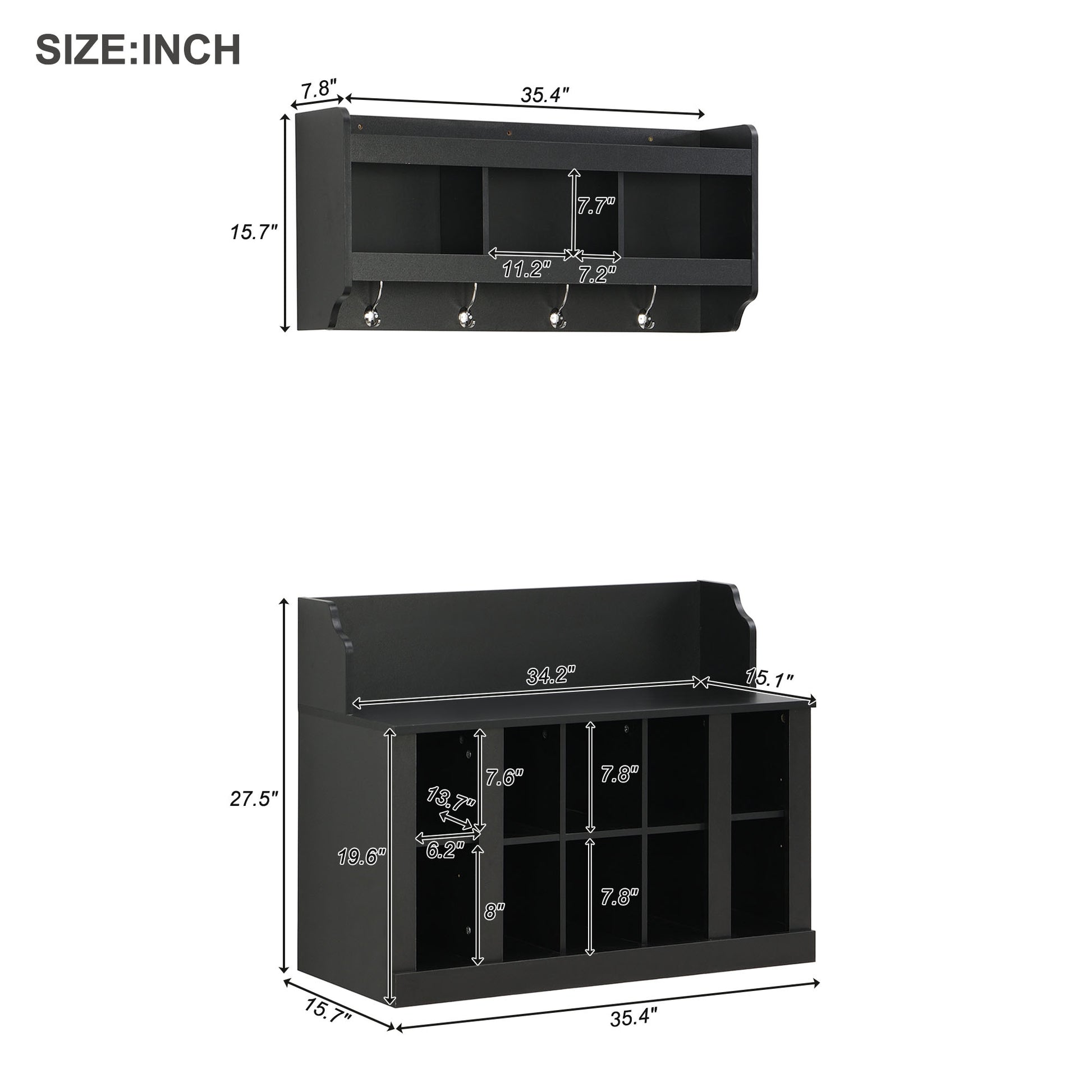 Black Storage Bench with Hooks - Hallway Organizer