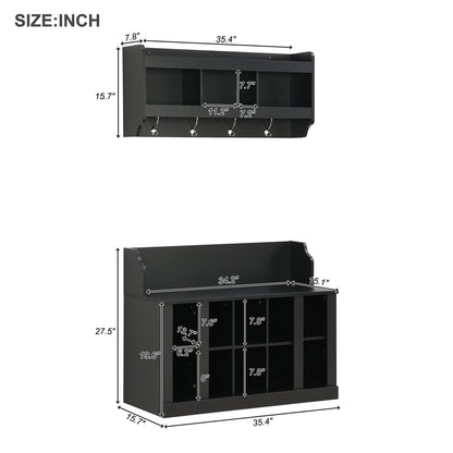 Black Storage Bench with Hooks - Hallway Organizer