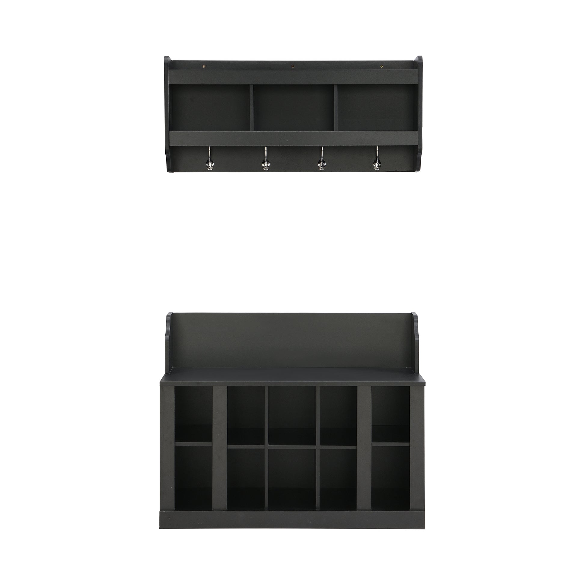 Black Storage Bench with Hooks - Hallway Organizer