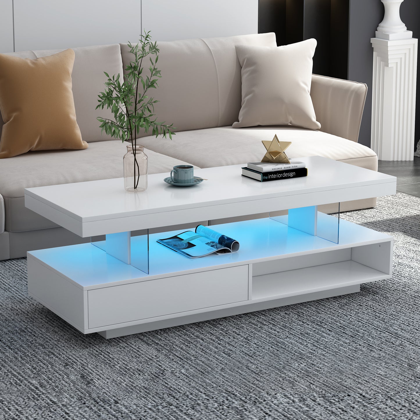 VIBE HAUS LED Coffee Table with Storage, Modern Center Table with 2 Drawers and Display Shelves, Accent Furniture with LED Lights for Living Room,White